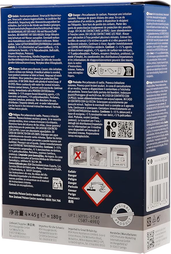 Bosch 312477 Dishwasher Cleaner – 1 Pack of 4 Bags (Total: 6.4 oz / 180g, Each 1.6 oz / 45g) – Removes Limescale & Grease – Improves Performance & Extends Appliance Life