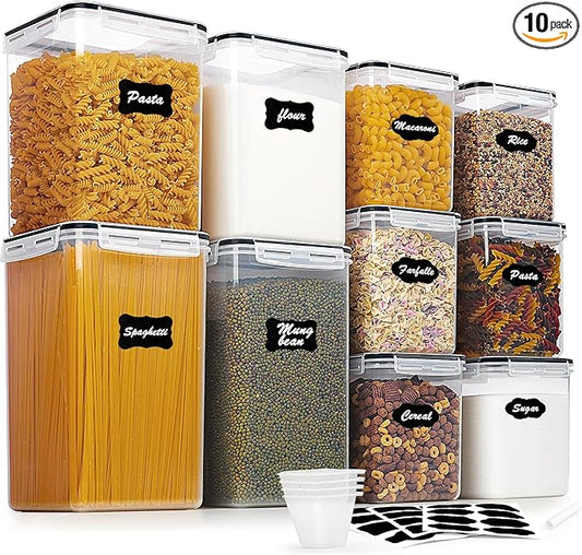 Vtopmart 10 PCS Flour and Sugar Storage Container, Large Airtight Food Canisters with Lids for Kitchen, Pantry Organization, BPA Free, Black