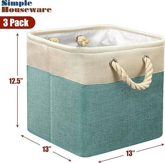 Simple Houseware Fabric Storage Cubes, 13" x 13" Storage Bin, 3 Pack, Turquoise