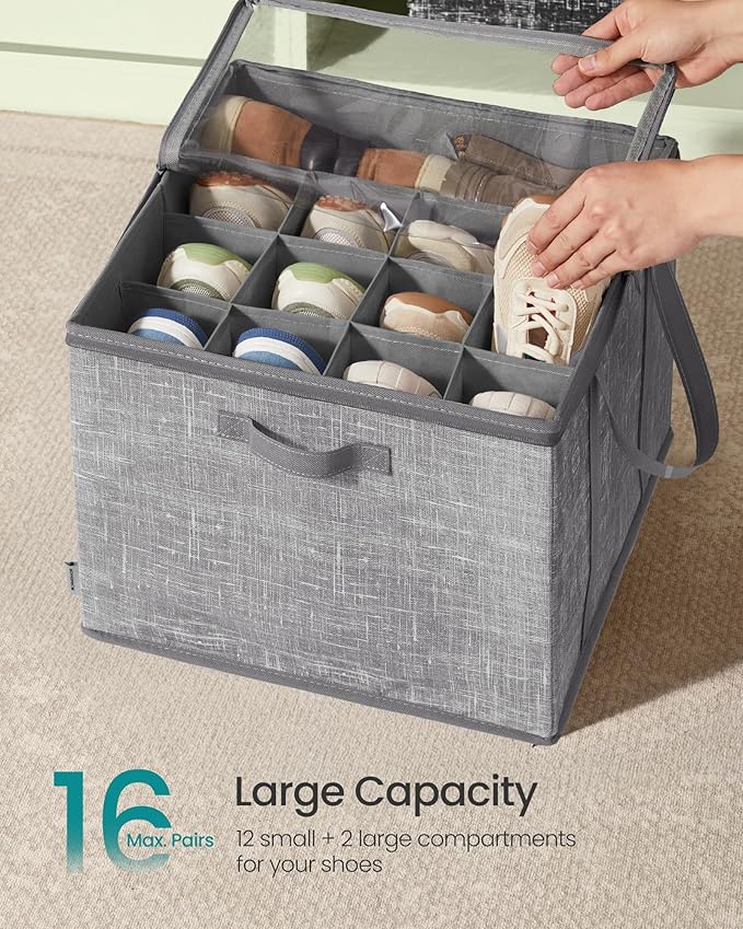 SONGMICS Shoe Organizer for Closet, Fits 16 Pairs, Shoe Storage Bin, Fabric Container with Handles and Clear Cover, for Bedroom, Entryway, Closet, Cattail Gray ULSP601G01