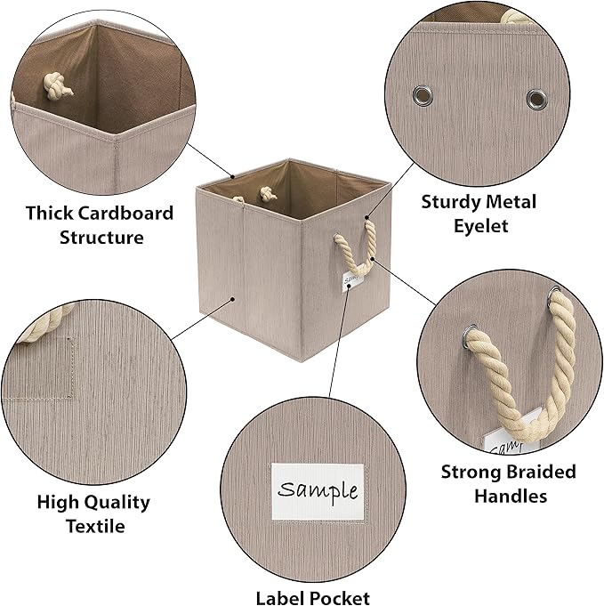 SIMPLE HOUSEWARE 13-Inch Cube Storage Bin With Braided Handles, 3 Pack, Beige