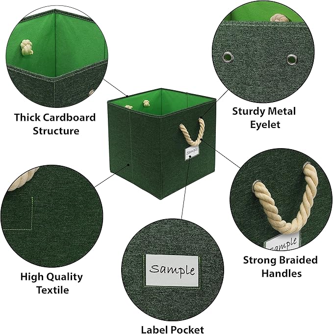 SIMPLE HOUSEWARE 13-Inch Cube Storage Bin With Braided Handles, 3 Pack, Green