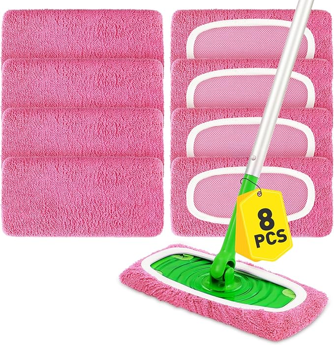 8Pcs Pink Reusable Mop Pads,Microfiber Mop Pads Compatible with Swiffer Sweeper, Dry Sweeping Cloths & Washable Wet Pads Refill for Floor