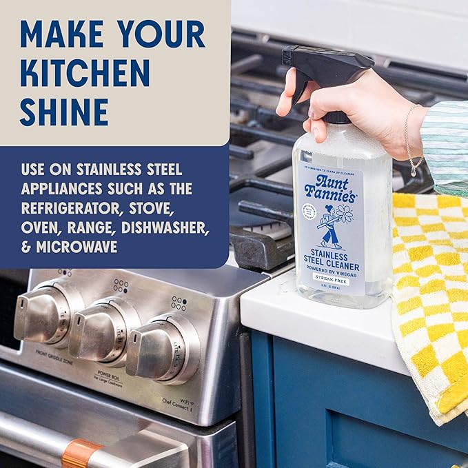 Aunt Fannie's Stainless Steel Spray Cleaner, Powered by Vinegar, Fingerprint and Residue Remover for Refrigerator, Dishwasher, Oven, Grill, Sink, Stovetop, and Other Appliances, Pack of 1