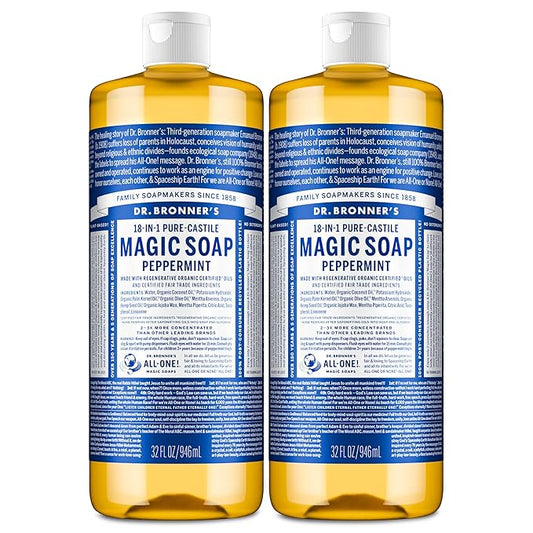Dr. Bronner's Pure-Castile Magic Liquid Soap- Made with Regenerative Organic Oils- For Body, Face, Hair, Dishes, Pets, Laundry Natural, Vegan, Non-GMO - Peppermint, 32 oz (2-Pack)
