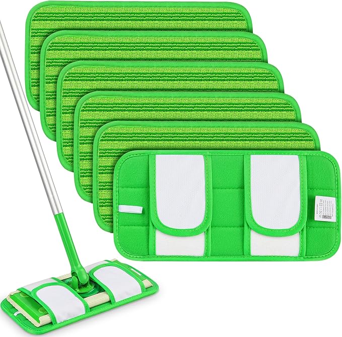 Reusable Mop Pads Compatible with Swiffer Sweeper Mops: Papclean Microfiber Wet Pads Refill Dry Sweeping Cloths Washable Dust Floor Cleaner for Wood Floor Cleaning - 6 Pcs Green