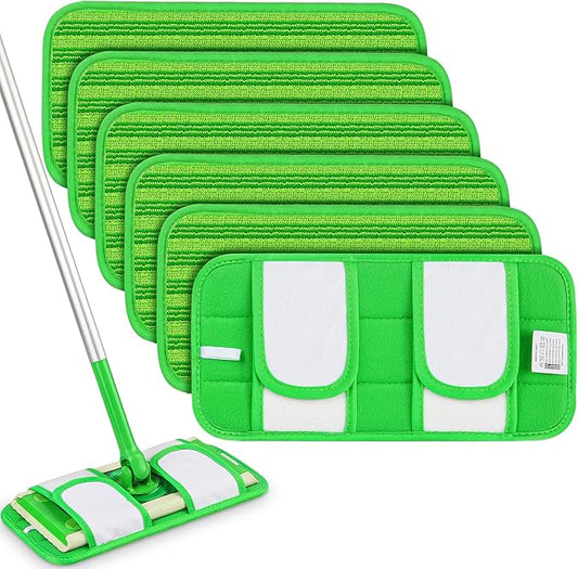 Reusable Mop Pads Compatible with Swiffer Sweeper Mops: Papclean Microfiber Wet Pads Refill Dry Sweeping Cloths Washable Dust Floor Cleaner for Wood Floor Cleaning - 6 Pcs Green