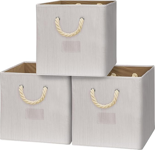 SIMPLE HOUSEWARE 13-Inch Cube Storage Bin With Braided Handles, 3 Pack, Ivory