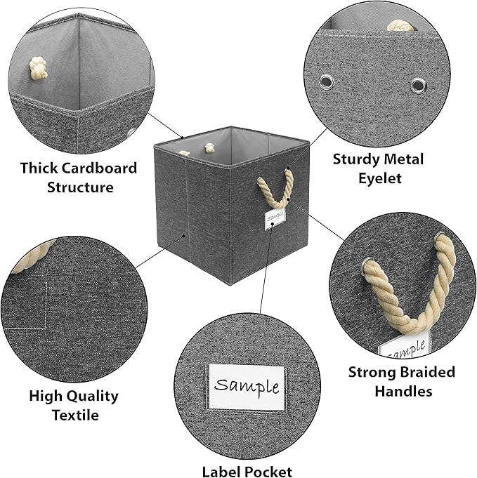 SIMPLE HOUSEWARE 13-Inch Cube Storage Bin With Braided Handles, 3 Pack, Dark Gray