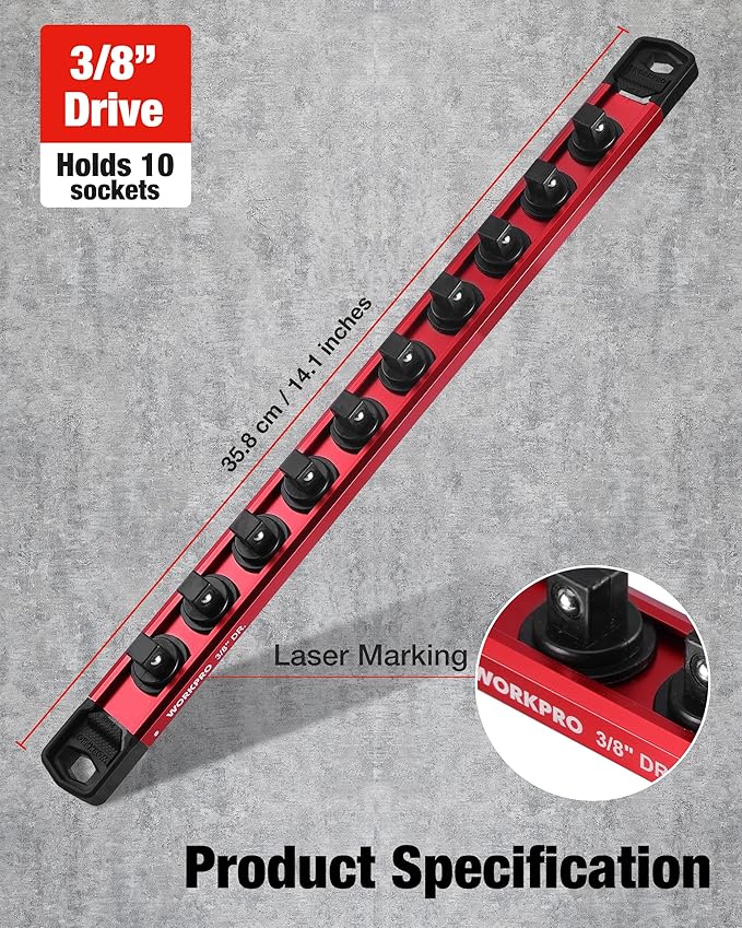 WORKPRO Magnetic Socket Organizer, 3/8" Drive Aluminum Alloy Socket Holder with 10PC Removable Socket Clips for Quick Customization, Socket Rail for Tool Box Drawer (Sockets Not Included)