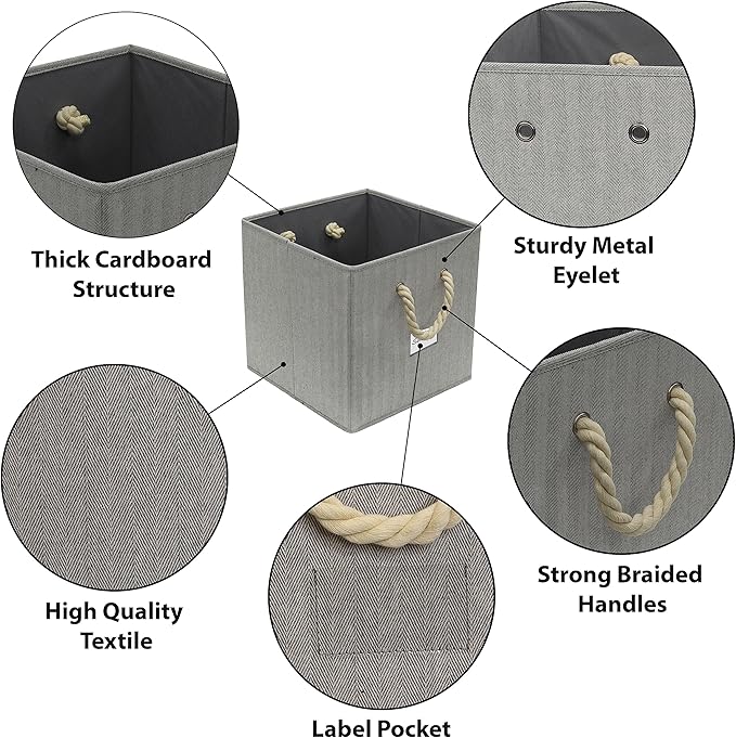 SIMPLE HOUSEWARE 13-Inch Cube Storage Bin With Braided Handles, 3 Pack, Gray