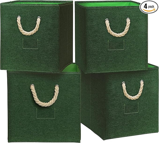 SIMPLE HOUSEWARE 11-Inch Cube Storage Bin With Braided Handles, 4 Pack, Green