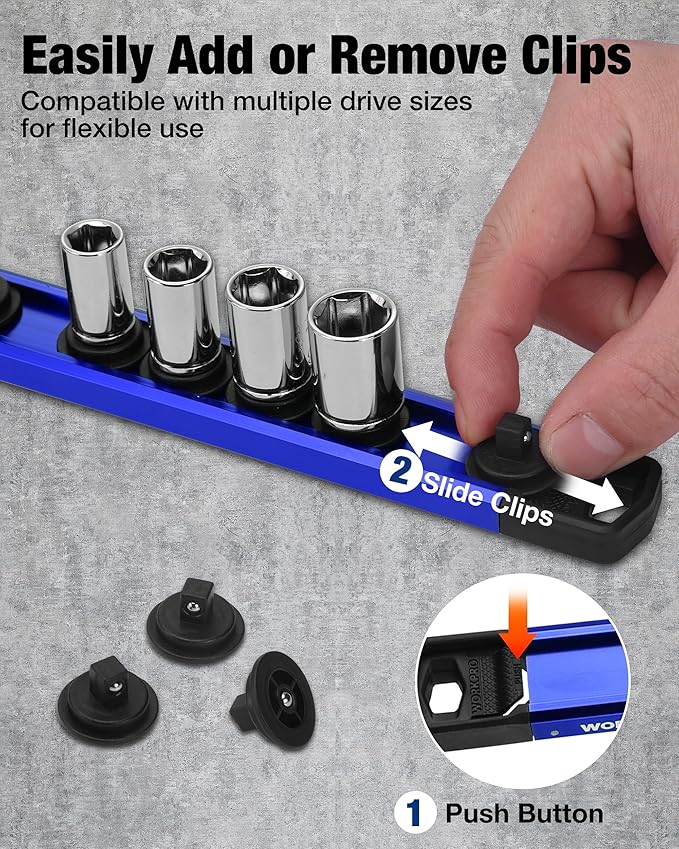 WORKPRO Magnetic Socket Organizer Set, 1/2" 3/8" 1/4" Drive Aluminum Alloy Socket Holder with Removable Socket Clip for Quick Customization, 3PC Socket Rail for Tool Box Drawer (Sockets Excluded)