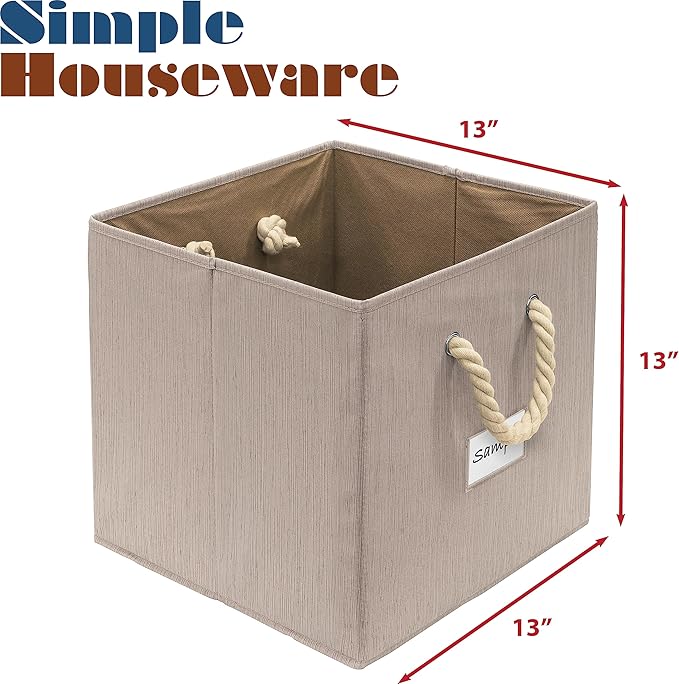 SIMPLE HOUSEWARE 13-Inch Cube Storage Bin With Braided Handles, 3 Pack, Beige