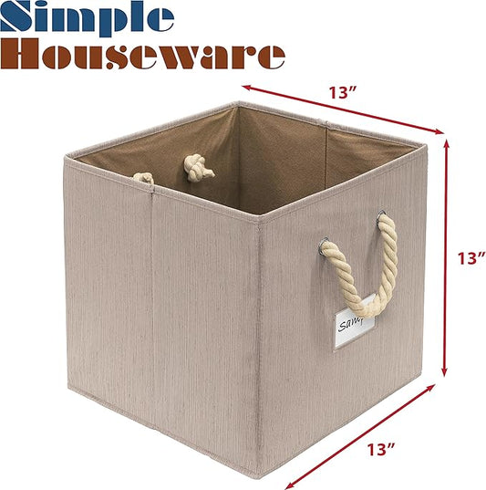 SIMPLE HOUSEWARE 13-Inch Cube Storage Bin With Braided Handles, 3 Pack, Beige