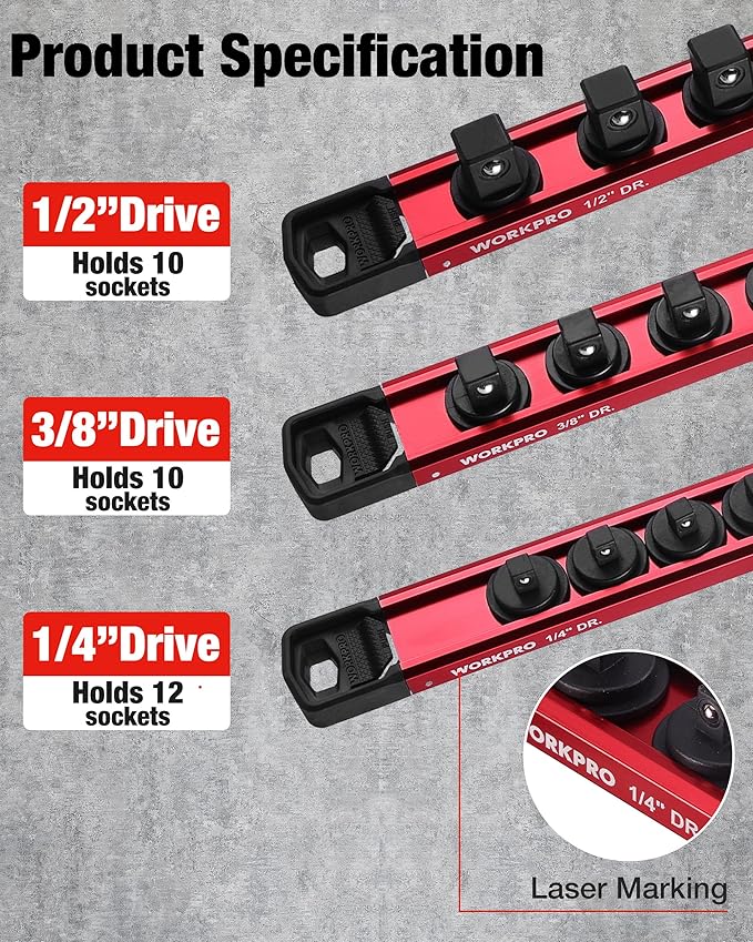 WORKPRO Magnetic Socket Organizer Set, 1/2" 3/8" 1/4" Drive Aluminum Alloy Socket Holder with Removable Socket Clip for Quick Customization, 3PC Socket Rail for Tool Box Drawer (Socket Excluded)