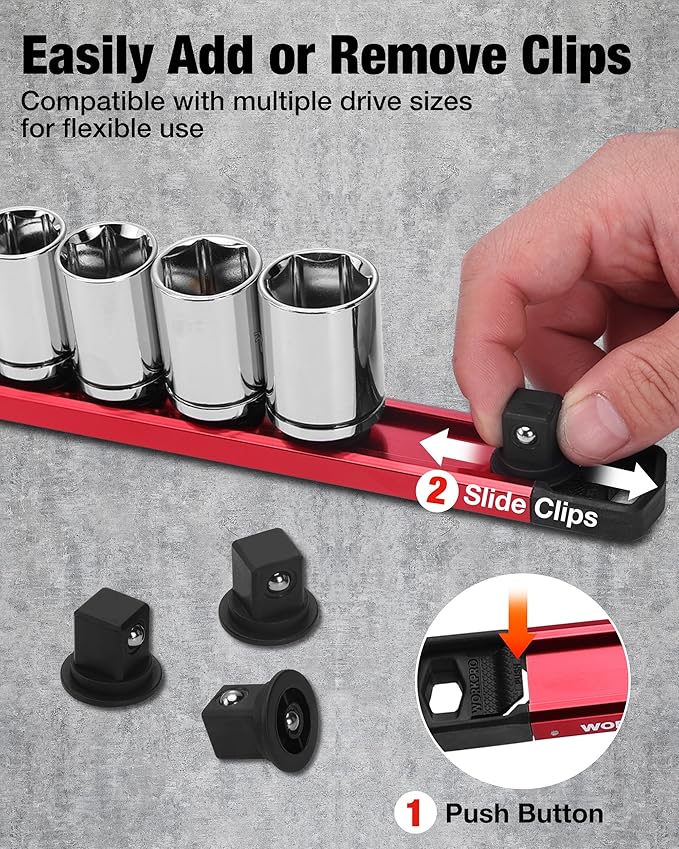 WORKPRO Magnetic Socket Organizer, 1/2" Drive Aluminum Alloy Socket Holder with 10 PC Removable Socket Clips for Quick Customization, Socket Rail for Tool Box Drawer (Sockets Not Included)