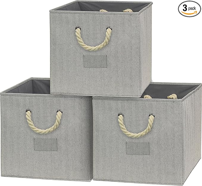 SIMPLE HOUSEWARE 13-Inch Cube Storage Bin With Braided Handles, 3 Pack, Gray