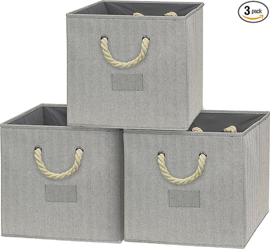 SIMPLE HOUSEWARE 13-Inch Cube Storage Bin With Braided Handles, 3 Pack, Gray