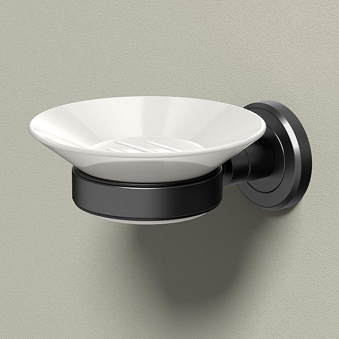 Gatco 1940MX Latitude II, Soap Dish Holder, Matte Black and White Combo | Wall Mounted Porcelain Soap Dish with Holder in Matte Black| 2.10" H x 4.31" W x 5.25" D