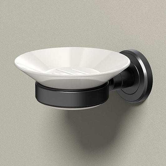 Gatco 1940MX Latitude II, Soap Dish Holder, Matte Black and White Combo | Wall Mounted Porcelain Soap Dish with Holder in Matte Black| 2.10" H x 4.31" W x 5.25" D