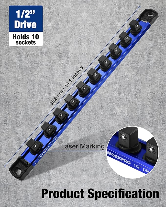 WORKPRO Magnetic Socket Organizer, 1/2" Drive Aluminum Alloy Socket Holder with 10PC Removable Socket Clips for Quick Customization, Socket Rail for Tool Box Drawer (Sockets Not Included)