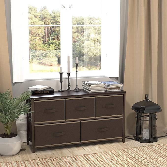 Simple Houseware Wide Dresser for Bedroom with 5 Storage Organizer Drawers, Brown