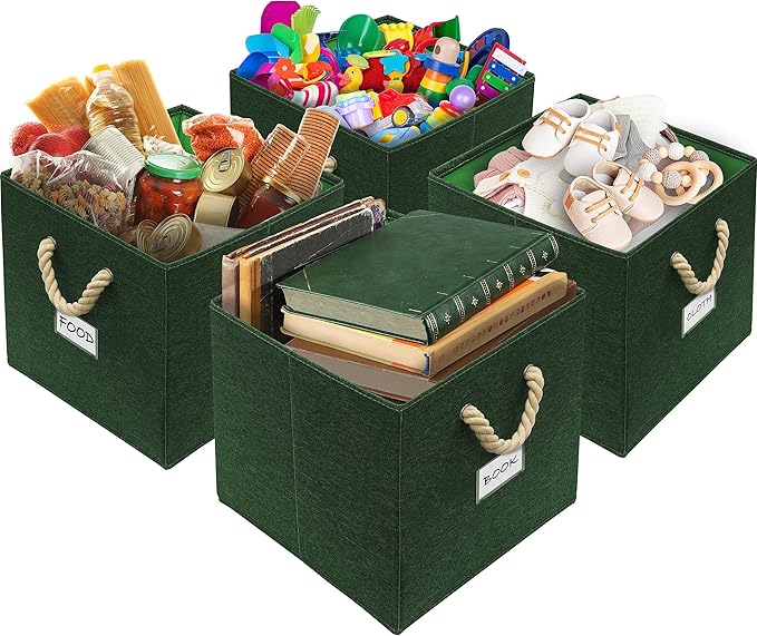 SIMPLE HOUSEWARE 13-Inch Cube Storage Bin With Braided Handles, 3 Pack, Green