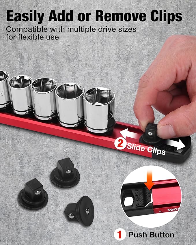 WORKPRO Magnetic Socket Organizer, 3/8" Drive Aluminum Alloy Socket Holder with 10PC Removable Socket Clips for Quick Customization, Socket Rail for Tool Box Drawer (Sockets Not Included)