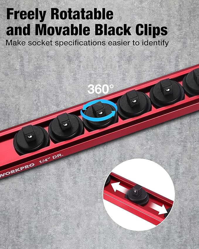 WORKPRO Magnetic Socket Organizer, 1/4" Drive Aluminum Alloy Socket Holder with 12PC Removable Socket Clips for Quick Customization, Socket Rail for Tool Box Drawer (Sockets Not Included)