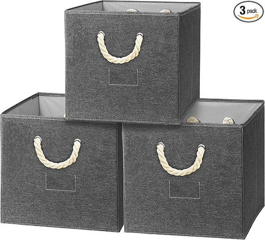 SIMPLE HOUSEWARE 13-Inch Cube Storage Bin With Braided Handles, 3 Pack, Dark Gray