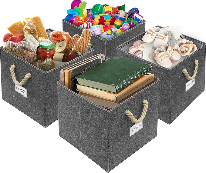 SIMPLE HOUSEWARE 11-Inch Cube Storage Bin With Braided Handles, 4 Pack, Dark Gray
