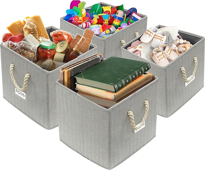 SIMPLE HOUSEWARE 13-Inch Cube Storage Bin With Braided Handles, 3 Pack, Gray