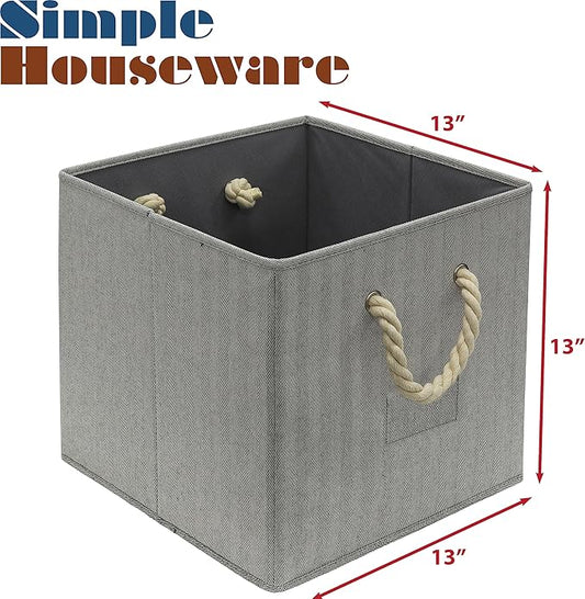 SIMPLE HOUSEWARE 13-Inch Cube Storage Bin With Braided Handles, 3 Pack, Gray
