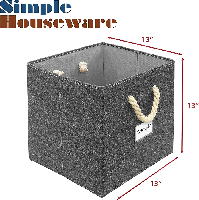 SIMPLE HOUSEWARE 13-Inch Cube Storage Bin With Braided Handles, 3 Pack, Dark Gray