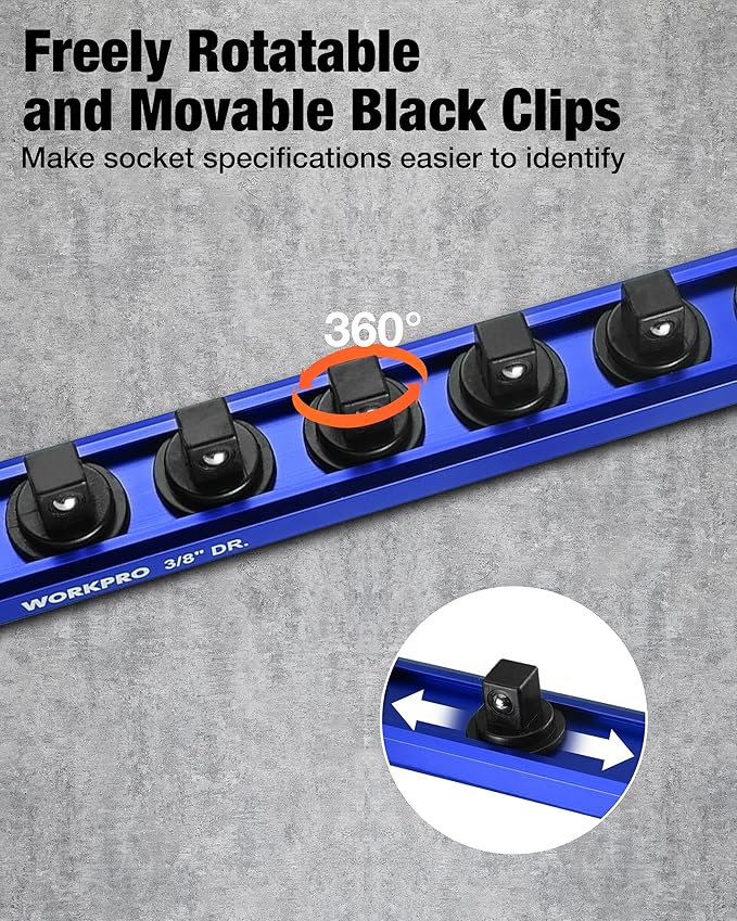 WORKPRO Magnetic Socket Organizer, 3/8" Drive Aluminum Alloy Socket Holder with 10PC Removable Socket Clips for Quick Customization, Socket Rail for Tool Box Drawer (Sockets Not Included)