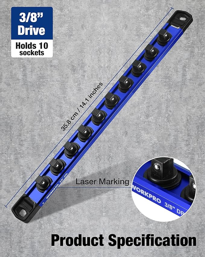 WORKPRO Magnetic Socket Organizer, 3/8" Drive Aluminum Alloy Socket Holder with 10PC Removable Socket Clips for Quick Customization, Socket Rail for Tool Box Drawer (Sockets Not Included)