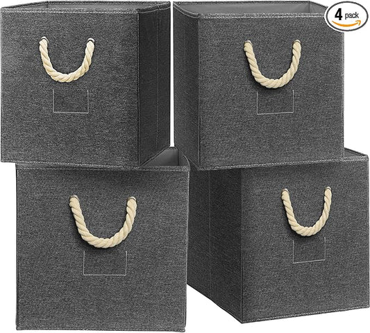 SIMPLE HOUSEWARE 11-Inch Cube Storage Bin With Braided Handles, 4 Pack, Dark Gray