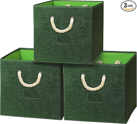 SIMPLE HOUSEWARE 13-Inch Cube Storage Bin With Braided Handles, 3 Pack, Green
