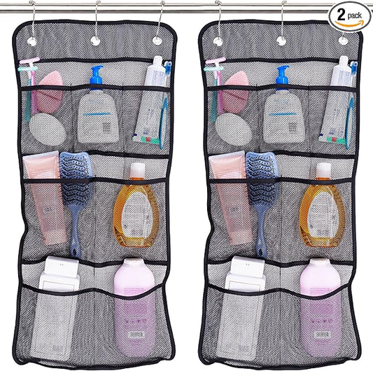 S&T INC. Shower Organizer, Shower Caddy or Bathroom Organizer with Quick Drying Mesh, 7 Pockets to Hold Shampoo, Soap, Loofah, and Cruise Ship Essentials, 14 Inch by 30 Inch, Black, 2 Pack