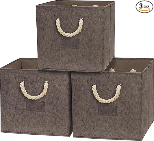 SIMPLE HOUSEWARE 13-Inch Cube Storage Bin With Braided Handles, 3 Pack, Brown