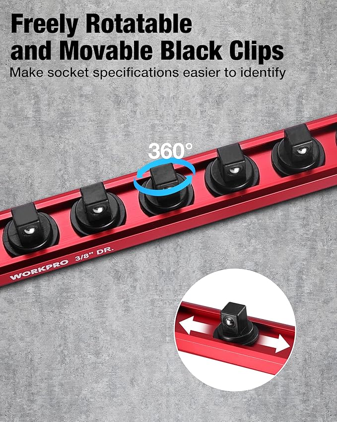 WORKPRO Magnetic Socket Organizer, 3/8" Drive Aluminum Alloy Socket Holder with 10PC Removable Socket Clips for Quick Customization, Socket Rail for Tool Box Drawer (Sockets Not Included)