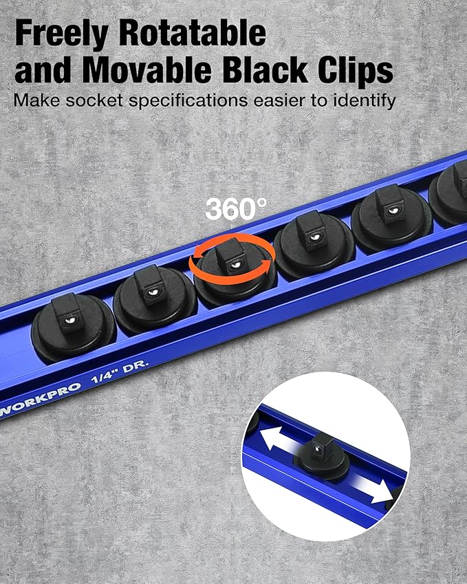 WORKPRO Magnetic Socket Organizer Set, 1/2" 3/8" 1/4" Drive Aluminum Alloy Socket Holder with Removable Socket Clip for Quick Customization, 3PC Socket Rail for Tool Box Drawer (Sockets Excluded)
