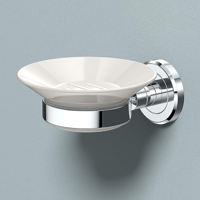 Gatco 1940 Latitude II, Soap Dish Holder, Chrome and White Combo | Wall Mounted Porcelain Soap Dish with Holder in Chrome | 2.10" H x 4.31" W x 5.25" D