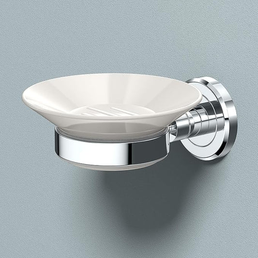 Gatco 1940 Latitude II, Soap Dish Holder, Chrome and White Combo | Wall Mounted Porcelain Soap Dish with Holder in Chrome | 2.10" H x 4.31" W x 5.25" D